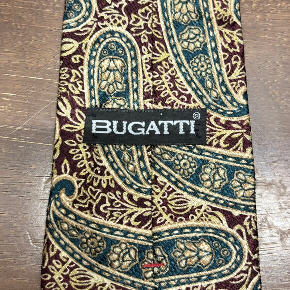 Bugatti Men's Green Red Paisley Patterned Italian Silk Necktie - Picture 2 of 3